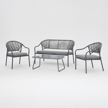 Grove 4 Piece Grey Rope Lounge Set w/ Grey Cushions & Cover