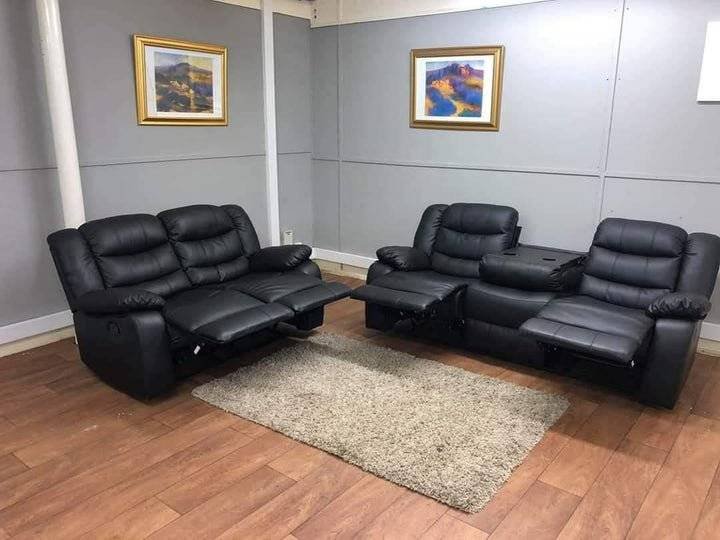 Roma Black Leather Recliner Sofa with Cupholders - 3+2 Seater