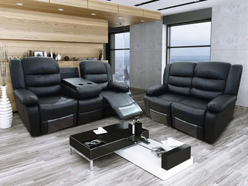 Roma Black Leather Recliner Sofa with Cupholders - 3+2 Seater