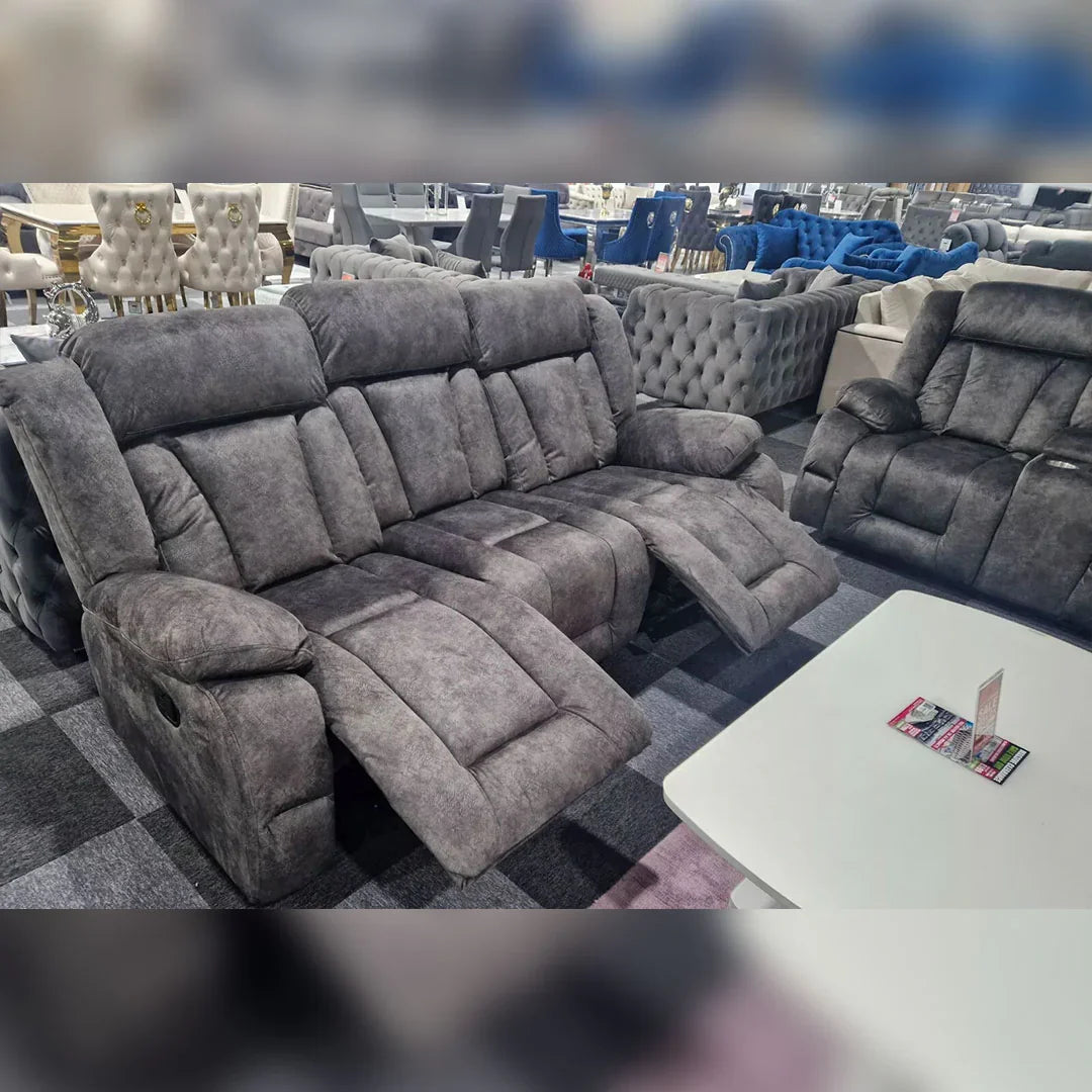 Berlin Fabric Recliner Sofa 3+2 Seater Grey-Fabric Sofa With Cup Holders