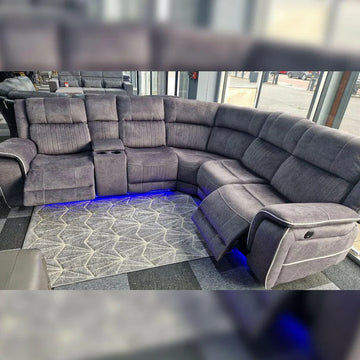 Hannah Fabric Electric Recliner Corner Sofa Grey-LED LIGHTS/USB PORTS/CUPHOLDERS